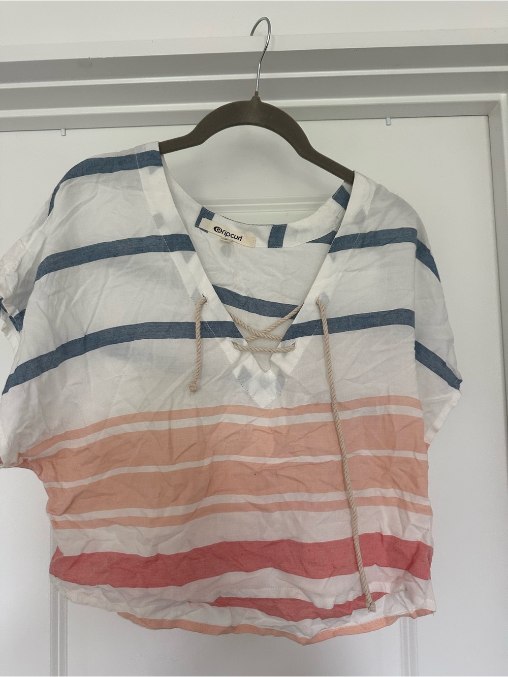 Rip Curl Striped V-Neck Crop Top with Rope Tie NWOT